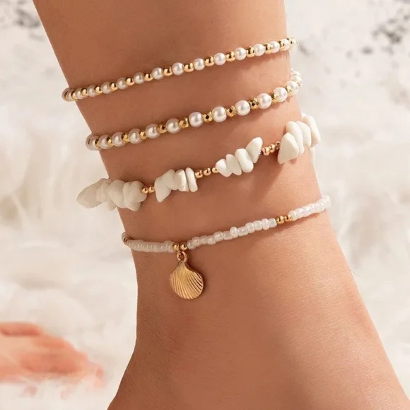 Summer Anklet Set Seashell Shell Gold Beaded - Picture 1 of 4